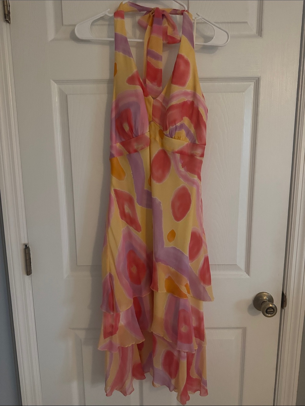 Signature by Sangria Yellow High-Low Halter Dress with Pink and Lavender Print
